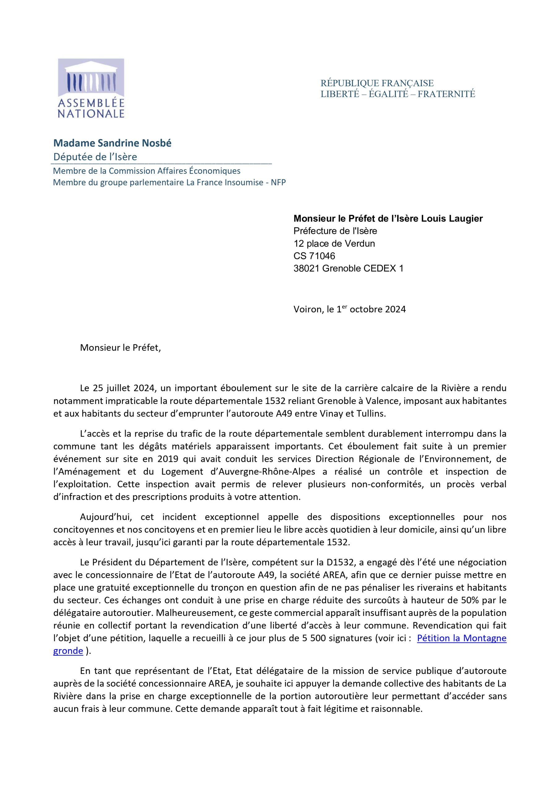 Lettre au préfet concernant la gratuité de l’autoroute A49